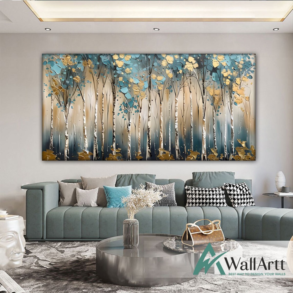 Gold Blue Forest 3d Heavy Textured Partial Oil Painting - Wall Art